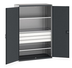 Bott cubio kitted cupboard with lockable steel perfo lined doors 1300mm wide x 650mm deep x 2000mm high.  Supplied with 3 x 125mm high drawers and 3 x metal shelves.   Drawer capacity 75kgs, shelf capacity 160kgs. ... 1300mm Wide Industrial Tool Cupboards